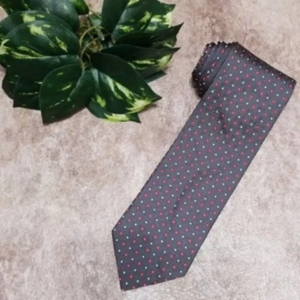 Sonja Kampy Men's Silk Gray Red and White Polka Dot Necktie